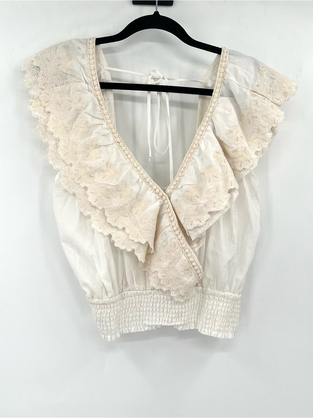 JENNIFER & GRACE Eyelet Lace Boho Top L V Neck Faux Wrap Tie Back Elastic Waist